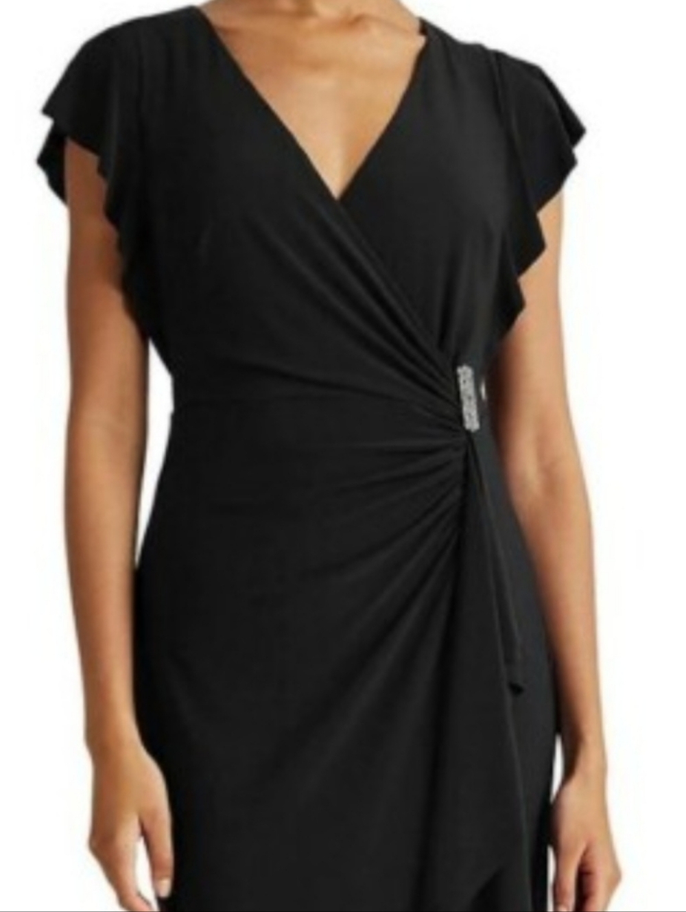 Ralph Lauren Black Evening Dress with short flutter sleeve. Surplus faux wrap.